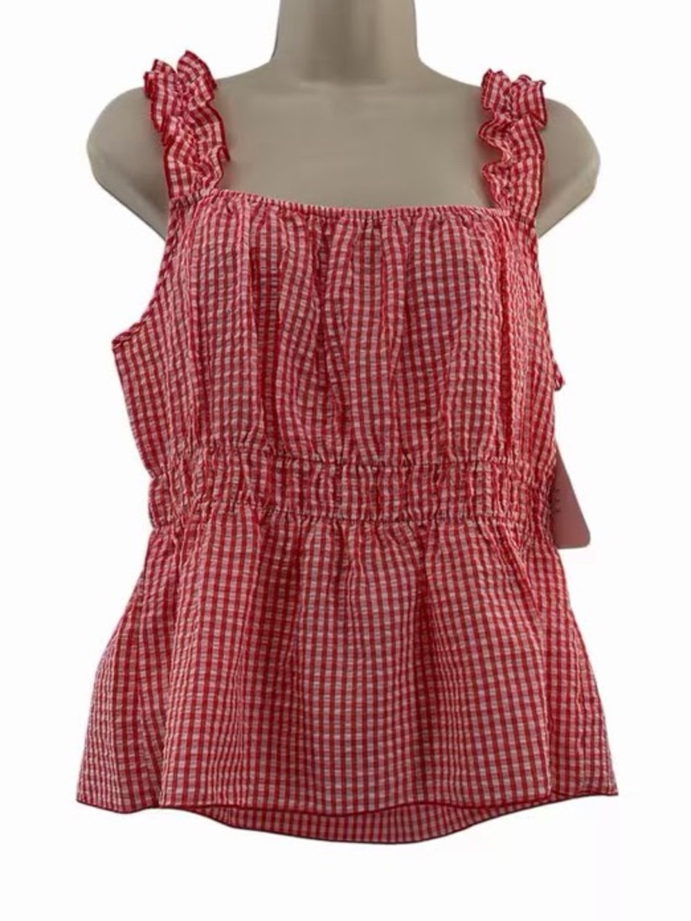 Wild Love Women's Woven Gingham Ruffle Elastic Strap Cropped Babydoll Tank Top